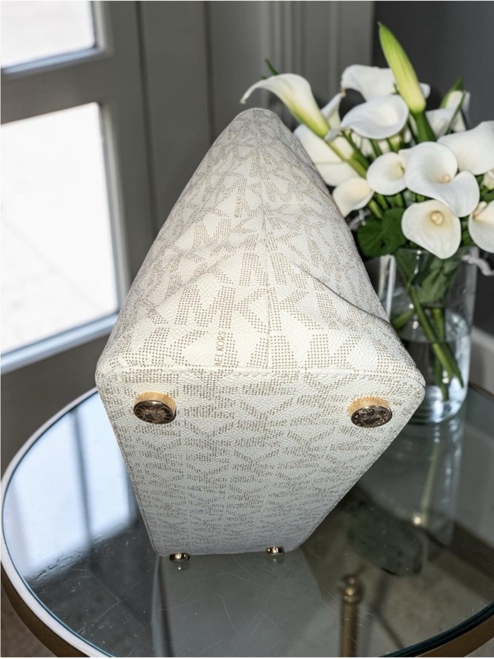 Michael Kors Cream Signature Tote with Tan Handles and Floral Scarf - Picture 7 of 10